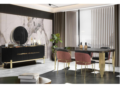 Comedor Negro Oro Juego de mesa Muebles Esquina de comedor Sillas Aparador 6 piezas
