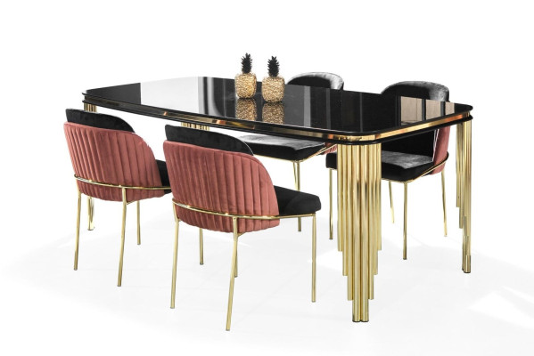 Comedor Negro Oro Juego de mesa Muebles Esquina de comedor Sillas Aparador 6 piezas