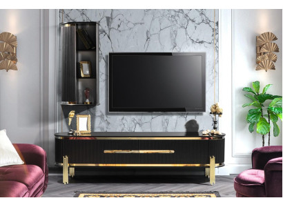 Moderno mueble bajo de lujo para TV, mueble para sala de estar en negro y dorado.