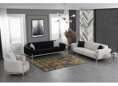 Sofá de lujo de tres plazas, sillón moderno, conjunto de muebles de tela en negro, 3 piezas: 3+3+1.