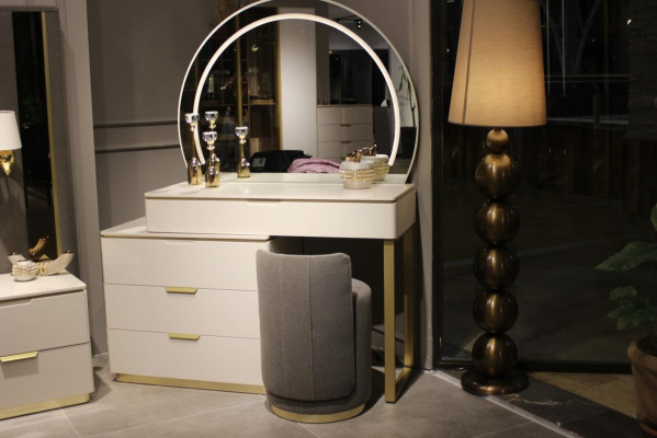 Juego de tocador consola espejo muebles diseño taburete 3 piezas. Nuevo