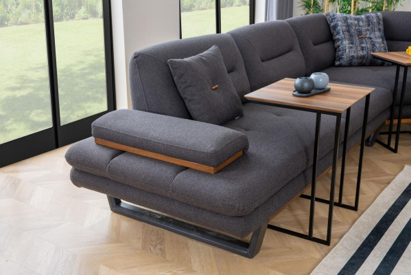 Sofá de esquina en forma de L de lujo en gris estilo de salón, conjunto de diseño de esquina.