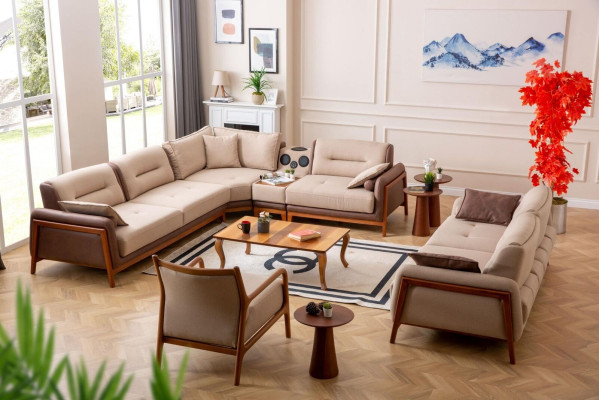 Conjunto de sala de estar de lujo de 3 piezas: sofá esquinero en forma de L de 3 plazas y sillón reclinable. Muebles.