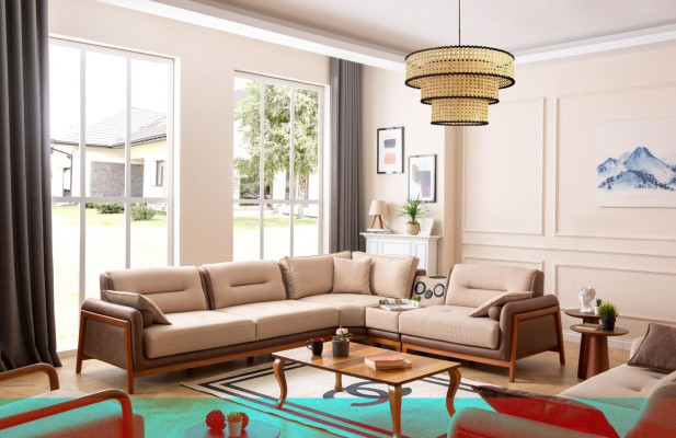Conjunto de sala de estar de lujo de 3 piezas: sofá esquinero en forma de L de 3 plazas y sillón reclinable. Muebles.