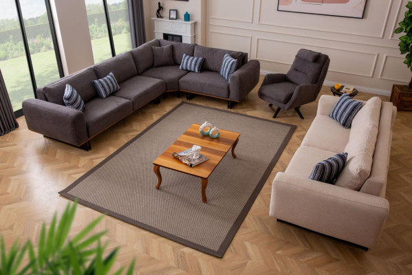 Conjunto de sala de estar de diseñador, sofá en forma de L, sofá de 3 plazas, rincón y 3 piezas.