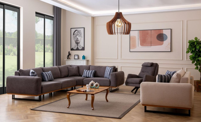 Conjunto de sala de estar de diseñador, sofá en forma de L, sofá de 3 plazas, rincón y 3 piezas.