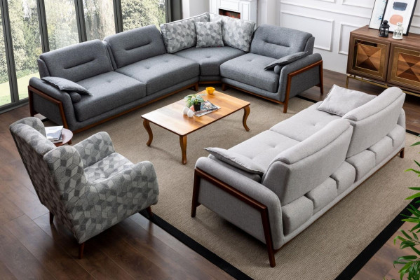 Conjunto de sala de estar sofá esquinero en forma de L gris tapizado 3 +1 plazas textil