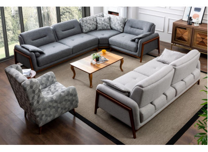 Conjunto de sala de estar sofá esquinero en forma de L gris tapizado 3 +1 plazas textil