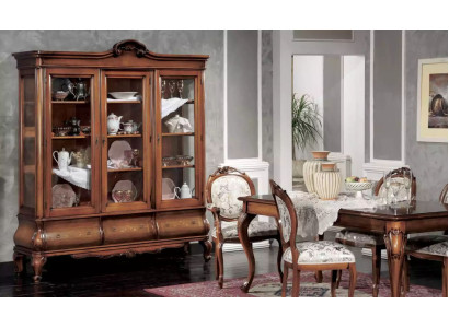 Conjunto clásico de comedor de madera, mesa de comedor, 4 sillas, vitrina de 6 piezas.
