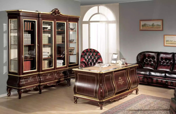 Clásico mobiliario de oficina, escritorio, estantería, 4 piezas, muebles de madera.