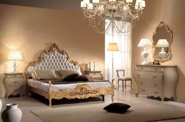 Juego de dormitorio completo con cama, mesitas de noche, cómoda y espejo. Juego de 5 piezas.