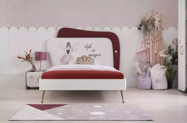 Habitación infantil blanca y roja cama de lujo mesita de noche conjunto de madera de 2 piezas