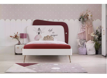 Cama de niña blanca de madera con mesa de noche Juego de muebles Set de 2 piezas