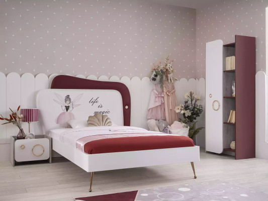 Muebles de niños cama de niños madera conjunto armario mesitas de noche rosa set 3 piezas.