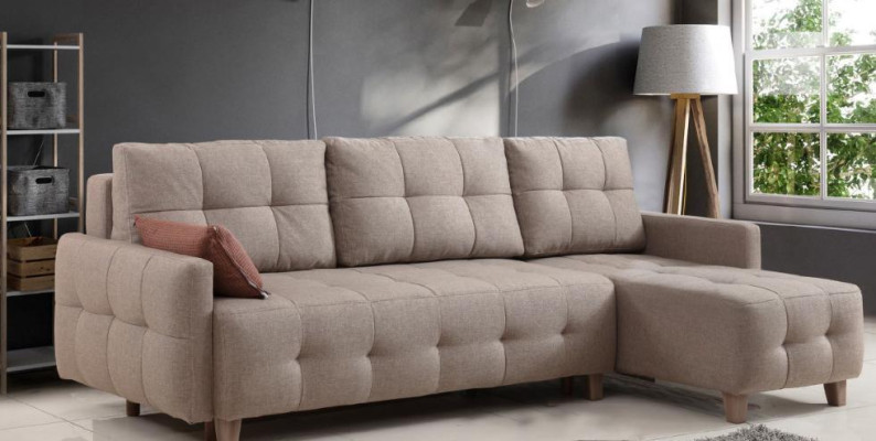 Sofá esquinero beige con tapicería en tela, sofá de salón en forma de L, nuevo.