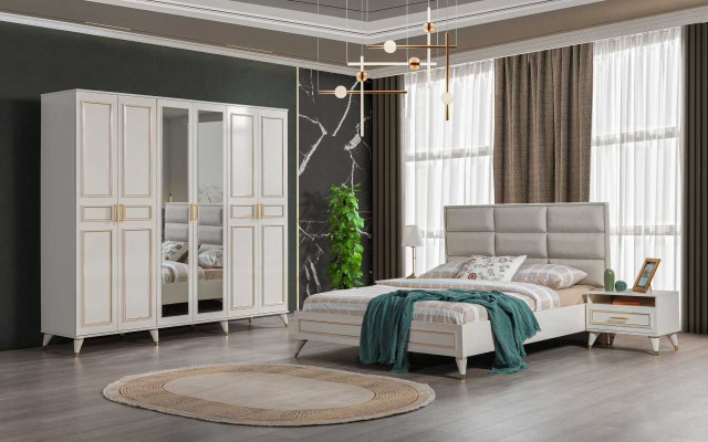 Dormitorio, cama de diseño doble de lujo, tocador de lujo, taburete noble (7 piezas)