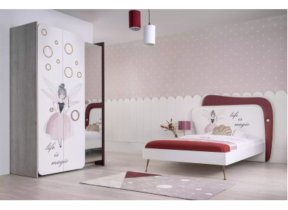 Set de habitación infantil blanco y gris, cama, mesita de noche, armario de madera de 3 piezas.