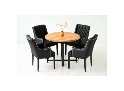 Muebles de comedor modernos. Elegante mesa redonda de madera + set de 7 piezas con 6 sillas de cuero Chesterfield.