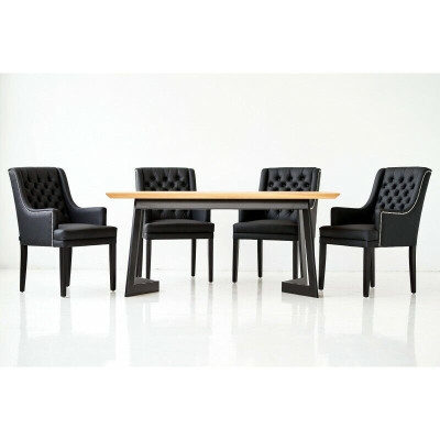 Moderno conjunto de comedor ovalado con sillas Chesterfield negras de diseño, 7 piezas.