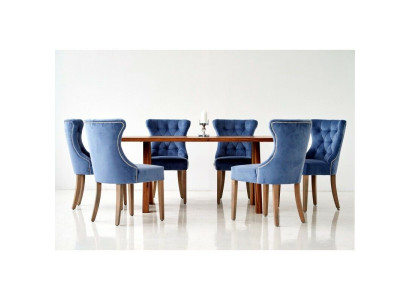 Mesa de madera rectangular Designer x6 Sillas azules Chesterfield Conjunto de comedor de 7 piezas