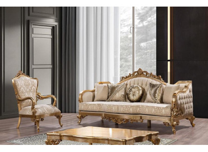 Sofá dorado Conjunto clásico de sofás Tapizado Muebles 3+1 Mesa de centro Tela