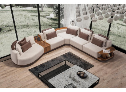 Sofá de esquina beige para sala de estar Exclusivo sofá en forma de L moderno con estructura de madera.