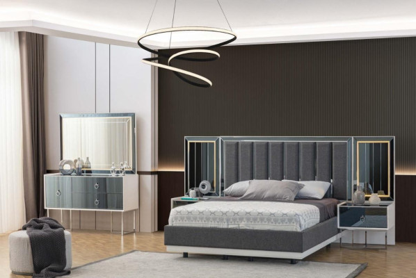 Muebles modernos para dormitorio en gris y blanco, mesitas de noche de madera, cama doble de 5 piezas.