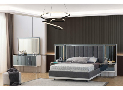 Muebles modernos para dormitorio en gris y blanco, mesitas de noche de madera, cama doble de 5 piezas.