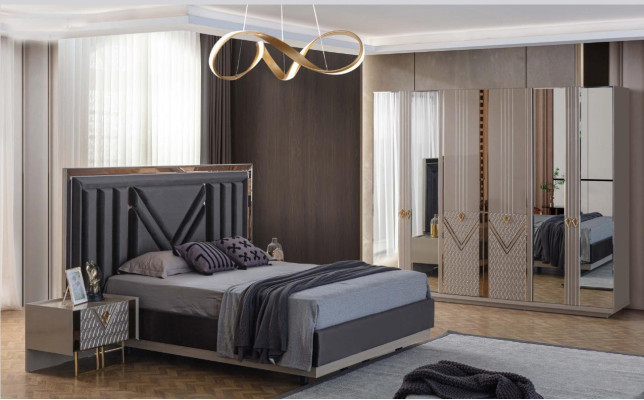 Muebles de dormitorio gris - cama doble, armario, mesitas de noche - set de 4 piezas.