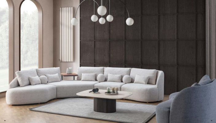 Sofá esquinero blanco moderno en forma de L, sofá de salón con marco de madera.