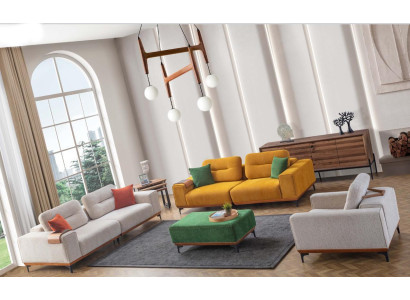 Gran conjunto de sala de estar: 3 sofás de tela, taburete acolchado y 3 mesas auxiliares.