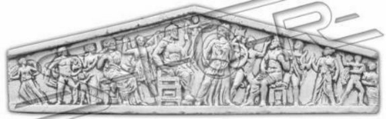 Relieve decorativo de pared en estilo antiguo de jardín con láminas de piedra e imágenes.