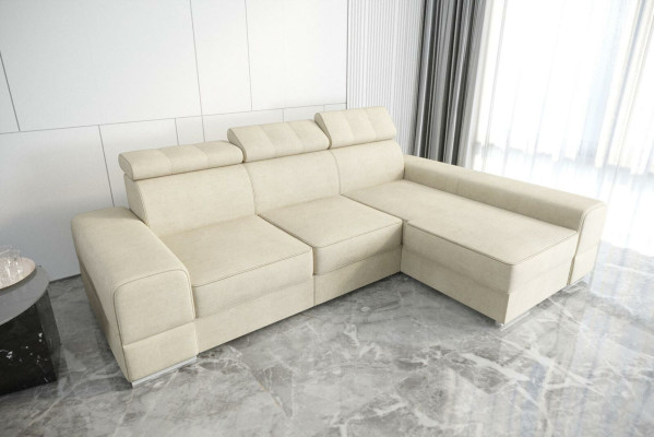 Sofá esquinero de diseño en forma de L de cuero beige para el salón - muebles modernos elegantes de lujo.
