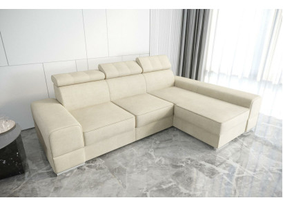 Sofá esquinero de diseño en forma de L de cuero beige para el salón - muebles modernos elegantes de lujo.
