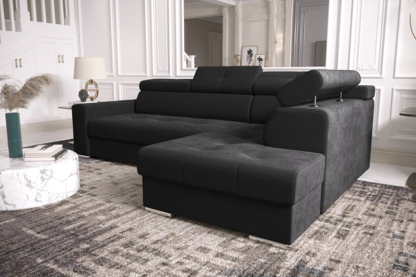 Sofá de esquina en forma de L, acolchado, sofá de salón, sofás modernos, diseño negro.
