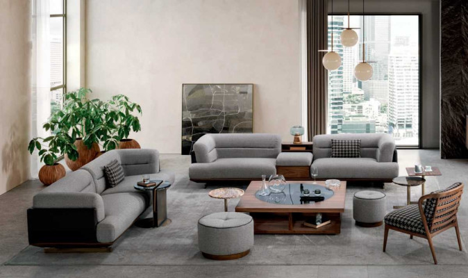 Conjunto de salón de lujo en gris , sofá con sillón, 2 taburetes, diseño moderno.