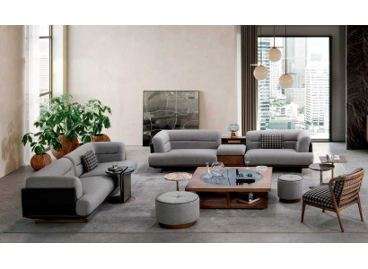 Conjunto de salón de lujo en gris , sofá con sillón, 2 taburetes, diseño moderno.