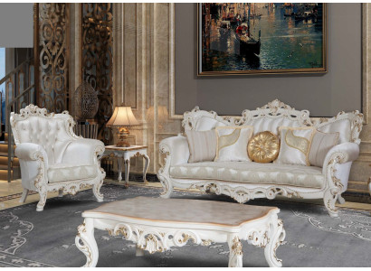 Sofá Chesterfield de 3 plazas + 1 blanca de tela con mesa de centro.