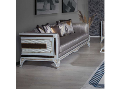 Diseñador Sofá moderno de lujo de 3 plazas Muebles de madera Tapizado Textil Gris Nuevo