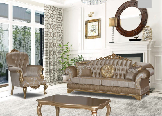 Sillón clásico con decoración beige y diseño Chesterfield para la sala de estar.
