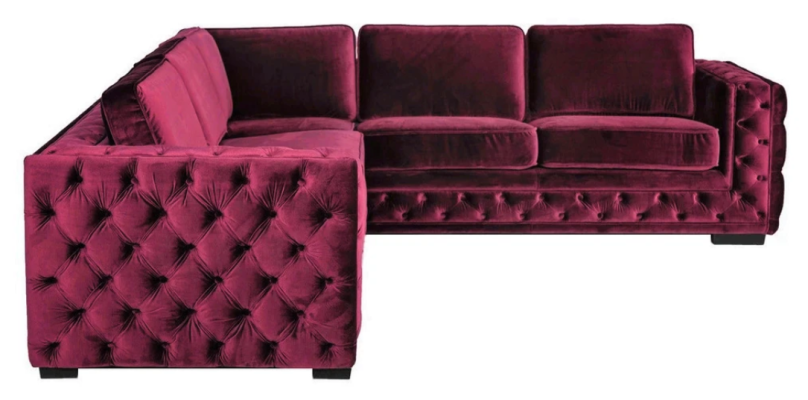 Sofá Chesterfield lila de lujo de tela de terciopelo, juego de sofás con botones tapizados nuevo.