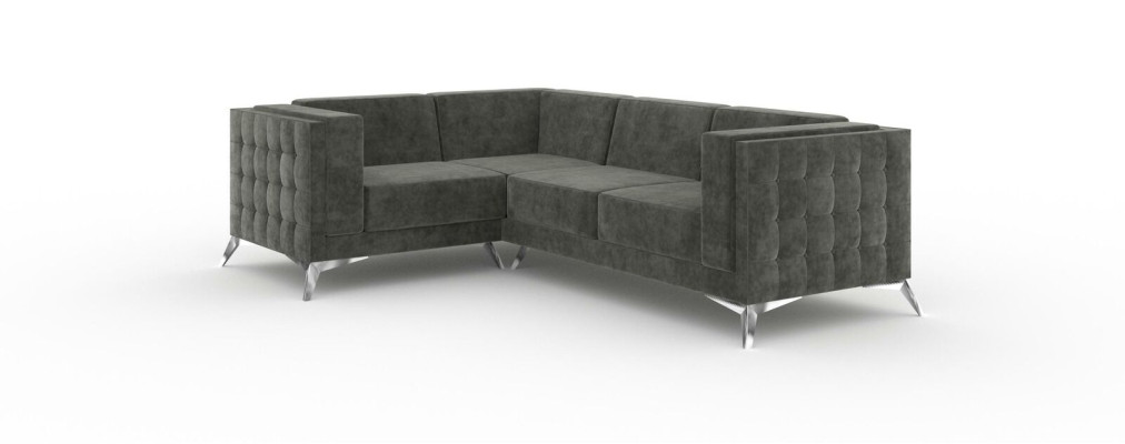 Sofá esquinero Chesterfield en forma de L de diseño de tela con asiento acolchado.