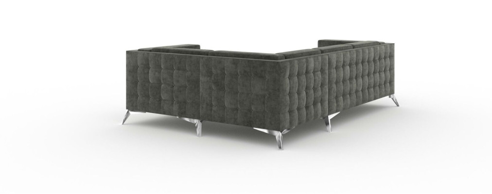 Sofá esquinero Chesterfield en forma de L de diseño de tela con asiento acolchado.