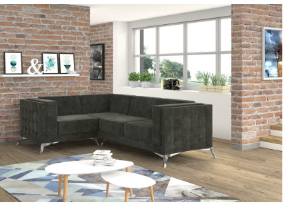 Sofá esquinero Chesterfield en forma de L de diseño de tela con asiento acolchado.