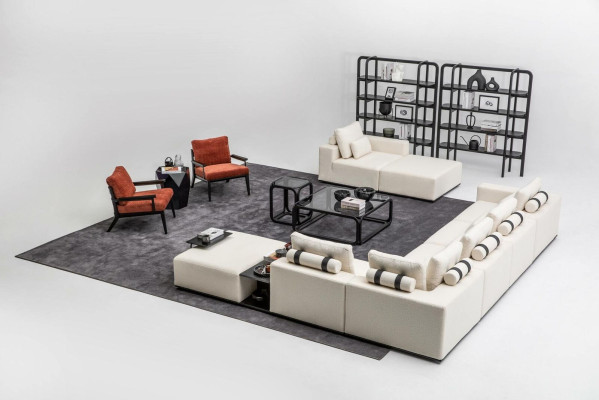 Moderna sala de estar de color blanco, sofá de esquina, conjunto de muebles de sala, sillón de 4 piezas, sofá de tela.