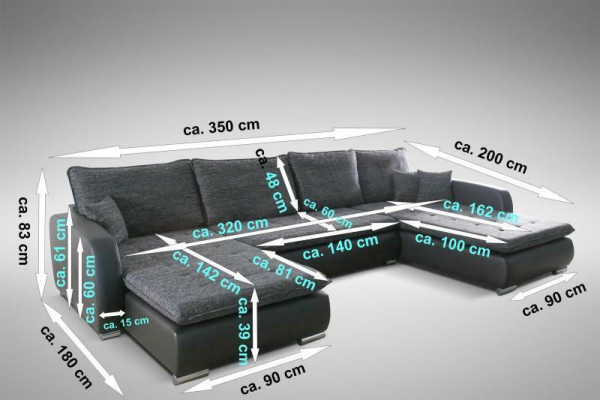 Diseño sofá esquinero en forma de U con función de cama, sofá de cuero y tela nuevo paisaje de salón.