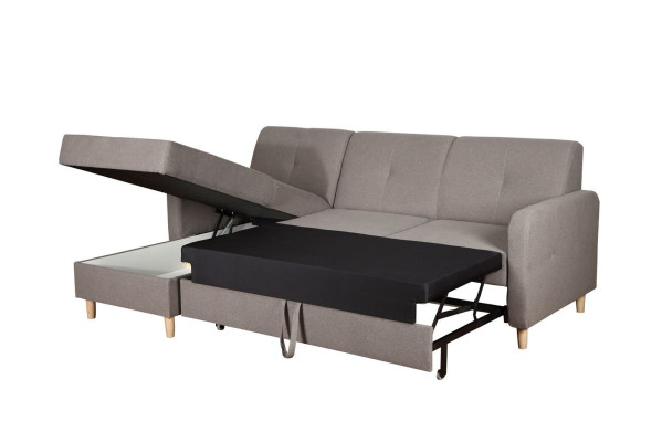 Sofá esquinero en forma de L, sofá, diseño de sofá, moderno, tapizado, función de cama, tela gris.