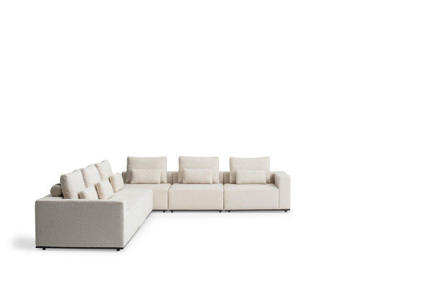 Sofá en forma de L, combinación de sala de estar con sofá esquinero, grupo de sofás en forma de L de color blanco.