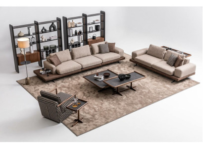 Marrón juego de sofá de tela Sala de estar Sofá de tres plazas Muebles de madera de lujo