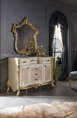 Set de dormitorio beige, cómoda elegante con diseño moderno de lujo, espejo nuevo de 2 piezas.